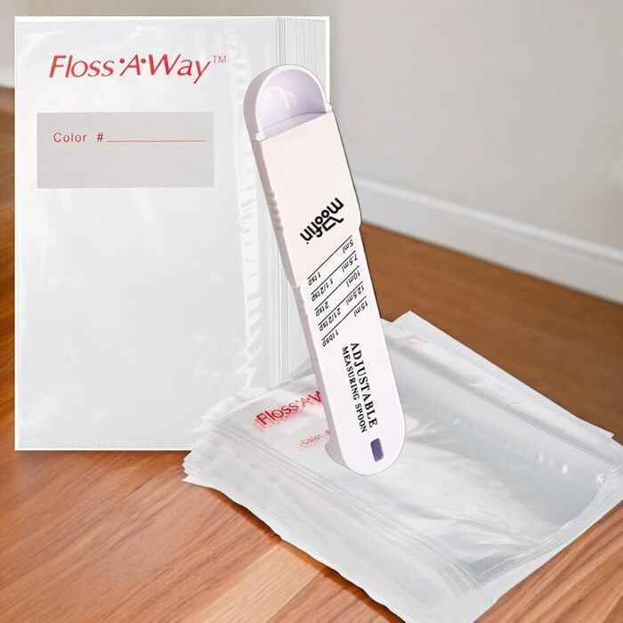 Пластикова мірна ложка, 17 x 4 см, 31 г, і сумка для дій FL100 Floss-A-Way Organizer, 7,6 x 12,7 см, 100 шт. , 3 шт. и