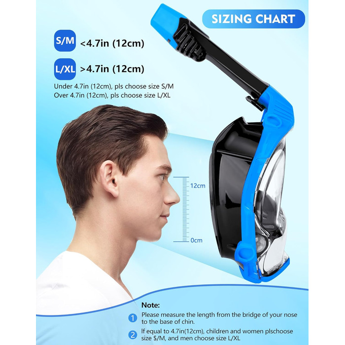 Маска для підводного плавання VGKE для дорослих, панорамний вид HD на 180 градусів, маска для дайвінгу з водонепроникною кишенею для телефону, захист від протікання та запотівання, вільно дихає, підходить для чоловіків/жінок, синя, розмір L-XL