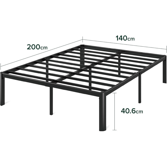 Каркас ліжка Zinus Van 140x200 см - Металеве ліжко 140x200 з металевою рейковою основою - Платформа заввишки 41 см з простором під нею - Пружинний матрац не потрібен - Легке складання - Чорний 140 x 200 см