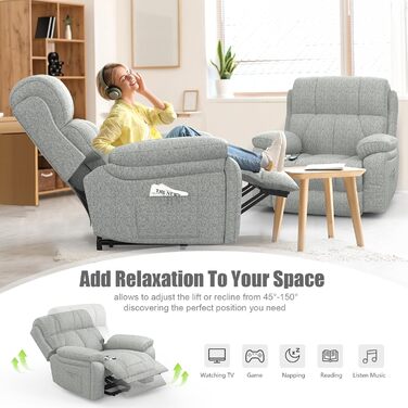 Електричне крісло-реклайнер YONISEE з функцією масажу, підйомником, масажем, підігрівом, підставкою для ніг, 2 бічними кишенями, підстаканником, портами типу C та USB, крісло-реклайнер для вітальні