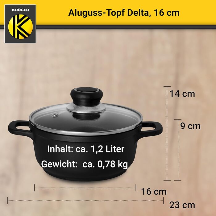 Лита алюмінієва каструля Krger Delta зі скляною кришкою - 16 см - каструля для приготування здорових та нежирних страв - підходить