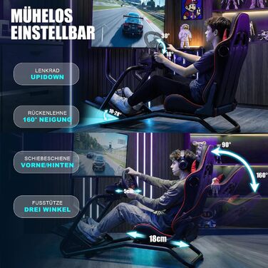 Підставка для керма гоночного симулятора з 3D стереодинаміками, кріпленням для монітора, регульованим кріпленням керма, кріпленням для важеля перемикання передач та педалями (червона)