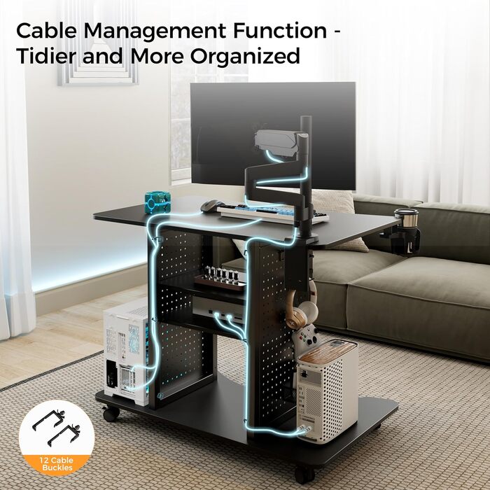 Ергономічний стіл EUREKA, комп&39ютерний стіл на колесах, невеликий стіл з 4 колесами, що обертаються на 360, мобільна робоча станція 94 * 59 * 75 см, підходить для вітальні, спальні, кабінету з місцем для зберігання