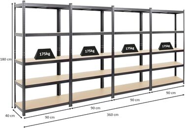 Міцний стелаж Ragnar 180x90x40 см з вантажопідйомністю 175 кг Чорний Гаражні стелажі Підвальні стелажі Майстерні Стелажі для зберігання Безболтовий стелаж 4-елементний - 180x90x40 см Чорний МДФ панелі, 4 шт.