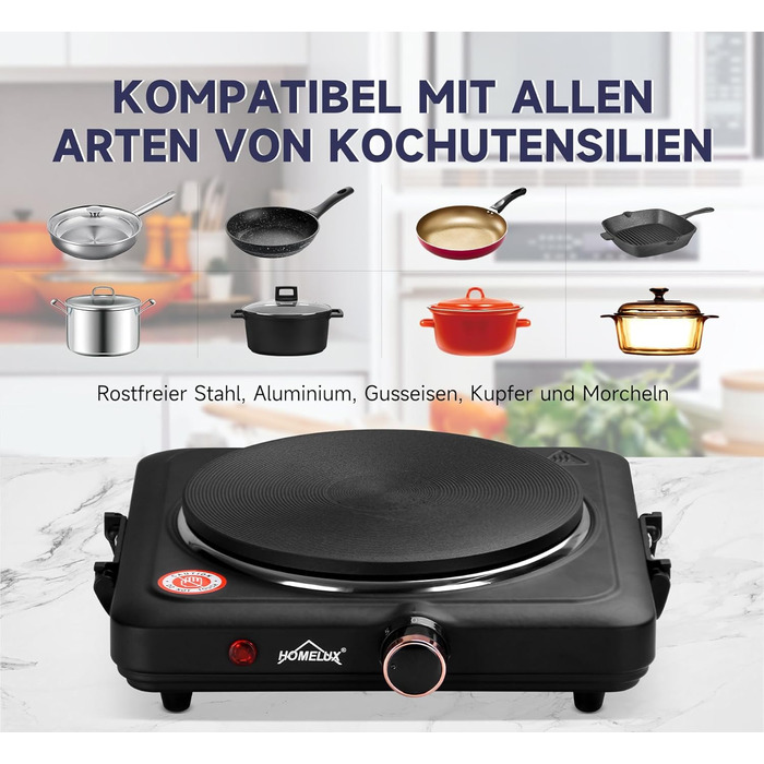 Варильна поверхня Homelux 1500 Вт варильна поверхня, індивідуально регульована 5 режимів нагрівання, варильна поверхня для кухні, офісу або кемпінгу, чорний 1500 Вт Чорний