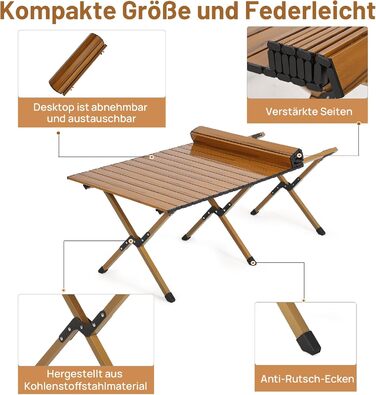 Складаний кемпінговий стіл HAUSPROFI, складний стіл вантажопідйомністю 100 кг, портативний кемпінговий стіл із сумкою для пікніків, приготування їжі, саду, походів, подорожей, балконного столу, столу для пікніка, садового столу, 116x60 см, коричневого кол