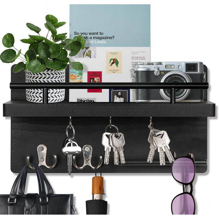 Тримач для ключів на стіну з 5 гачками для ключів, дерев'яна підставка для ключів з полицею настінне кріплення для ключів вішалка