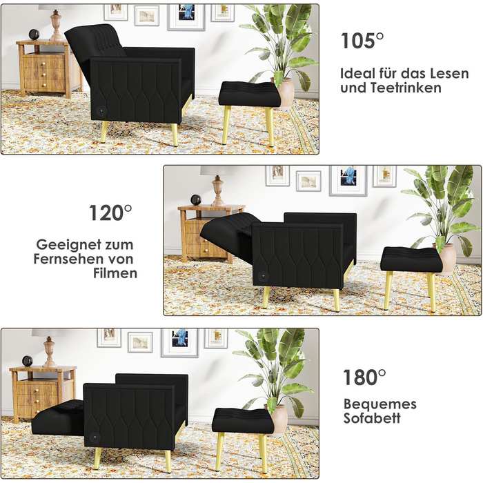 Крісло з відкидною спинкою та підставкою для ніг, 2 зарядні порти, зручне крісло для відпочинку, крісло для читання у вітальні, крісло для телевізора, м&39яке крісло, крісло-реклайнер, вантажопідйомність до 159 кг, оксамит (чорний)