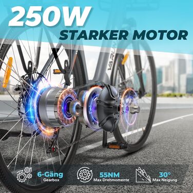 Електровелосипед VARUN, 28-дюймовий електровелосипед для чоловіків та жінок з акумулятором 36 В 360 Втгод, датчиком крутного моменту, запасом ходу 80 км, електровелосипед з РК-дисплеєм, 3 режими їзди, міський велосипед із сертифікатом CE, електровелосипед