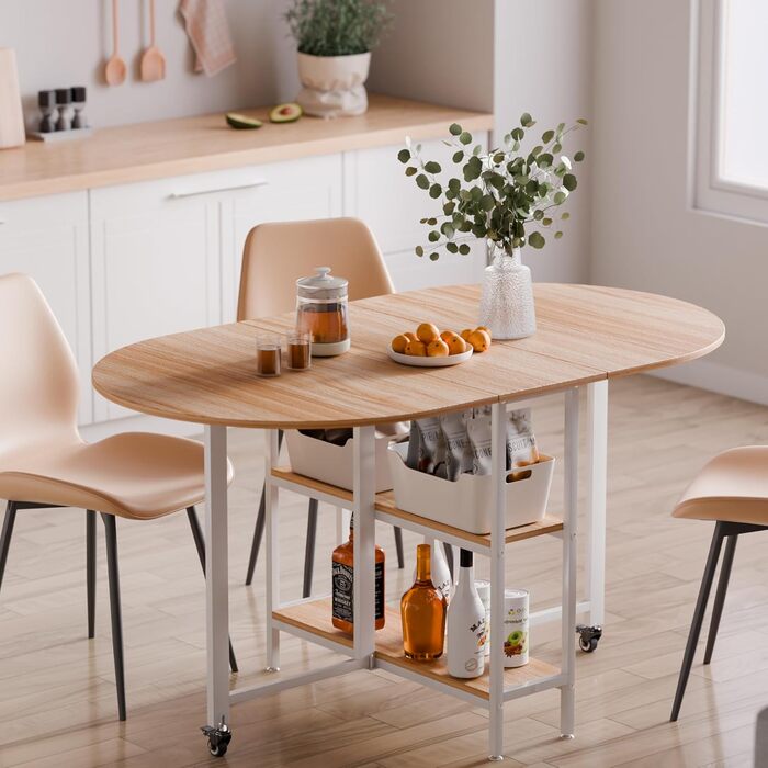 Мобільний розкладний обідній стіл Mondeer, розкладний стіл з 2 відкритими полицями, дизайн із заокругленими краями, їдальня-кухня для невеликих приміщень, 140 x 80 x 75 см, дуб та білий