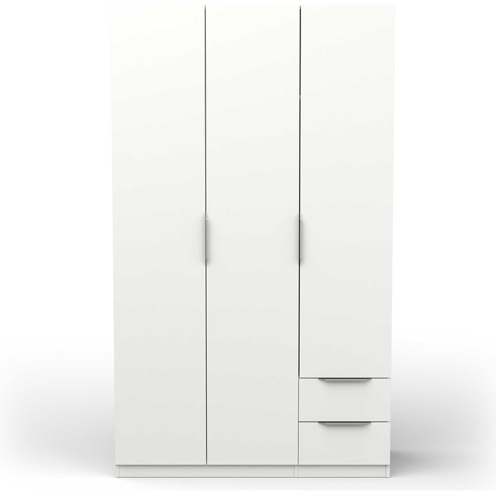 Сучасна шафа з рейкою для вішалок, 3 двері, 2 шухляди, 4 полиці матово-білий 119,4 x 51,1 x 203 см