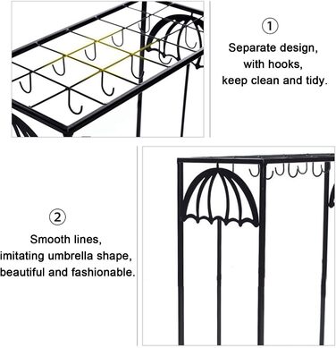 Загальний Великий тримач для парасольки для вхідної зони, з піддоном для крапель і гачком, висока підставка для парасольки для домашнього офісу, 70 x 50 x 25 см/45 x 25 x 60 см Чорний 18 отворів 10 гачків