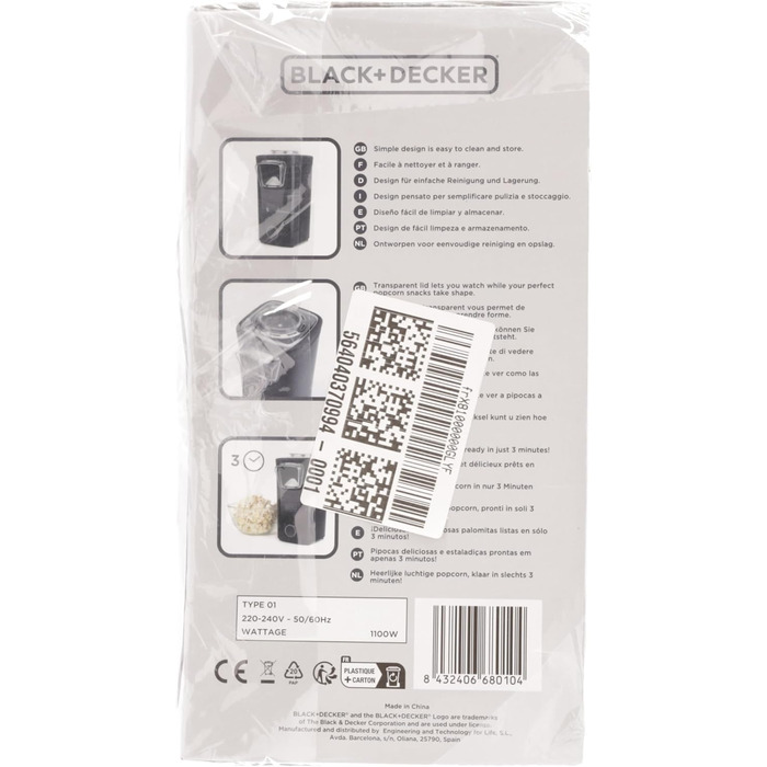 Виробник попкорну Black Decker BXPC1100E 1100 Вт Без олії Компактний Приготування всього за 3 хвилини Багатофункціональні мірні чашки Гаряче повітря Червоний
