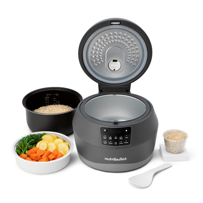 Мультифункціональна рисоварка nutribullet EveryGrain Cooker, на 10 чашок, 5 автоматичних програм, функція підігріву 12 год, з ложкою та вставкою, 600 Вт, сіра (NBRC605DG)