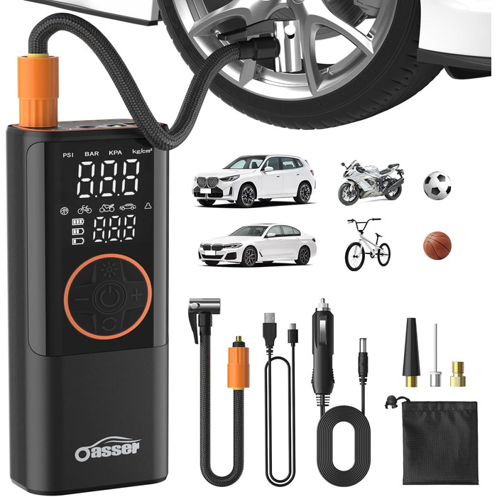 Електричний повітряний насос Oasser з подвійним дисплеєм 6000mAh 150 PSI, акумуляторний компресор з 3M 12V прикурювача для автомобіля, мотоцикла, велосипеда, м&39яча, подорожей, кемпінгу