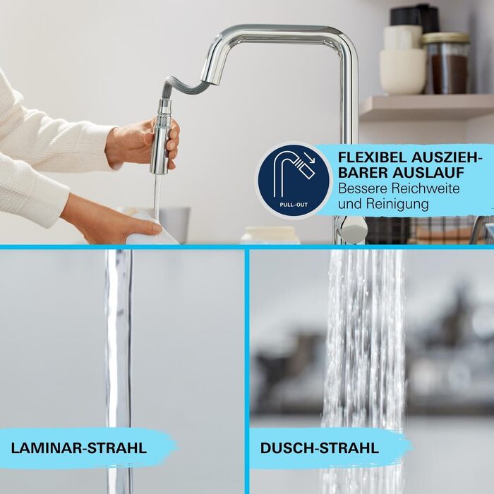 Кухонний змішувач GROHE Start, 2 режими струменя (висувний вилив, поворот на 360, економія води, монтаж без інструментів), матовий чорний, 306312430