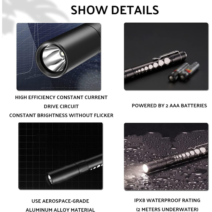 Професійний аварійний ліхтарик-ручка, світлодіодний ліхтарик із затискачем, колірна температура 5000K, простий у використанні та перенесенні, регульована яскравість, водонепроникний IPX8, стійкий до падінь