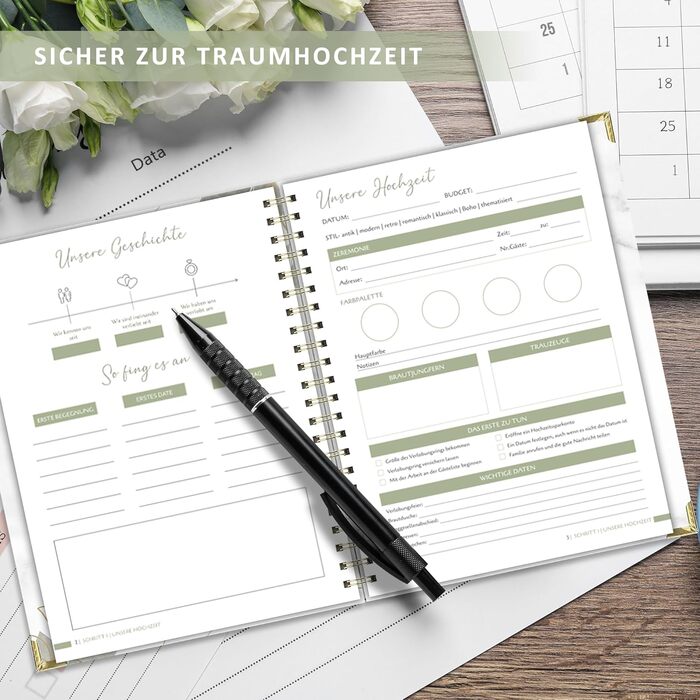 Весільний планувальник німецькою мовою для великого дня, 160 сторінок з розкладом, контрольними списками, часовим графіком та порадами, весільна книга з календарем, чудовий подарунок на заручини - DIN A4 Modern (німецька)