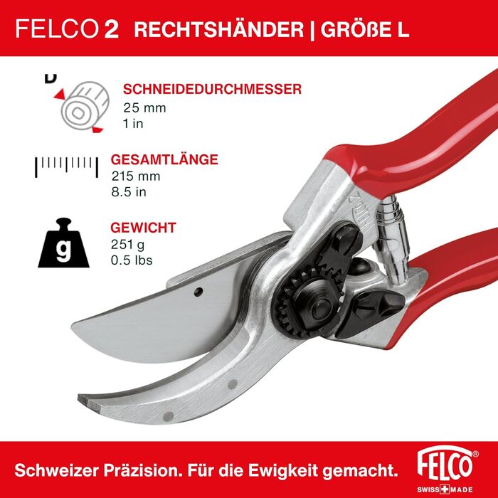 Професійні садові ножиці FELCO 2 з двостороннім механізмом для правшів, лезо із загартованої сталі 41 мм, ковані алюмінієві ручки, міцний інструмент для середніх та великих рук, ріжуча здатність 25 мм, зроблені у Швейцарії, FELCO 2 Large Hands (L)