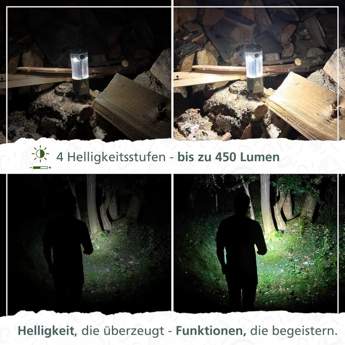 Світлодіодний ліхтар для кемпінгу, 450 люмен перезаряджається з акумулятором та зовнішнім акумулятором (4000 мАг), до 150 годин роботи, водонепроникний IP44, лампа для намету, ліхтар та ліхтарик, USB-C, вуличний ліхтар для кемпінгу та надзвичайних ситуаці