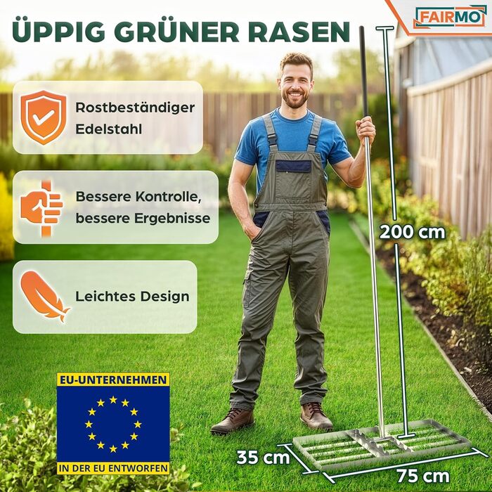 Зручний металевий рівняльник для газону (75x35 см) від Fairmo для насиченого зеленого газону - рівняльник для газону з ручкою 2 метри - інструмент для догляду за газоном з вирівнюючими зубцями - широкий граблі для піскування газону