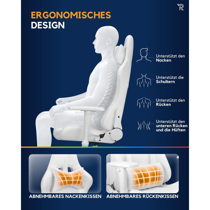 Ергономічне ігрове крісло Felix Original з регульованою спинкою, 2D підлокітниками, подушками для попереку та шиї, високою спинкою, штучною шкірою, міцною сталевою рамою, для високих людей, біло-сірим