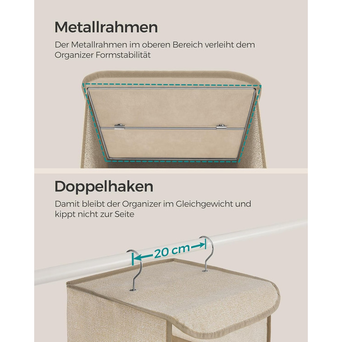 Підвісний органайзер SONGMICS, набір з 2 шт. , органайзер для шафи, підвісна полиця, підвісне місце для зберігання, складаний та компактний, металеві гачки та бамбукові вставки, текстура, що нагадує лляну тканину, пісочно-бежевий RCH005Y02 Пісочно-бежевий