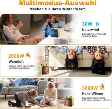 Керамічний вентилятор-обігрівач 3000 Вт, невеликий променевий обігрівач, будівельний обігрівач, осушувач повітря з термостатом та 3 режимами нагріву, вентилятор-обігрівач для ванної кімнати, столу та використання в приміщенні, 3 кВт, жовтий