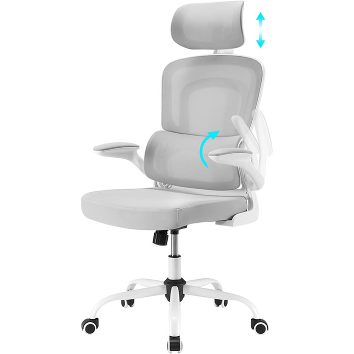 Ергономічне офісне крісло Farini, комп&39ютерне крісло з колесами, письмове крісло для комфортного домашнього офісу, крісло керівника з регульованою висотою та підголівником, сірий/білий 1680-сірий/білий з підголівником