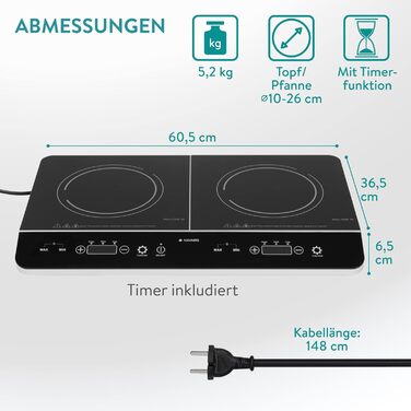 Індукційна плита Navaris 2 Plate - Мобільна на 3500 Вт - Портативна подвійна варильна поверхня для кемпінгу - Індукційна плита з сенсорним дисплеєм таймера та виявленням горщика Чорний глянсовий