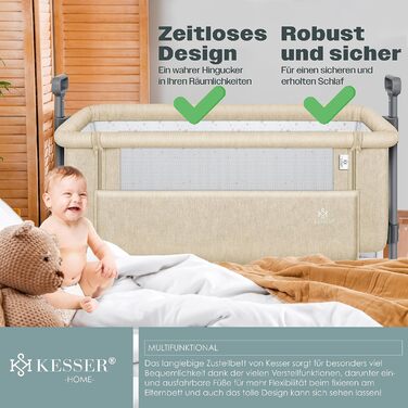 Дитяче ліжечко KESSER Hubi 3в1 для подорожей з м'яким матрацом, на коліщатках, 5-позиційне регулювання висоти, складна бічна стінк