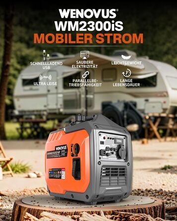 Надзвичайно тихий портативний 4-тактний генератор потужністю 1900 Вт з розеткою 230 В та USB-інвертором, бензиновий аварійний генератор для резервного живлення під час відключення електроенергії, ідеально підходить для кемпінгу, караванів, автофургонів та