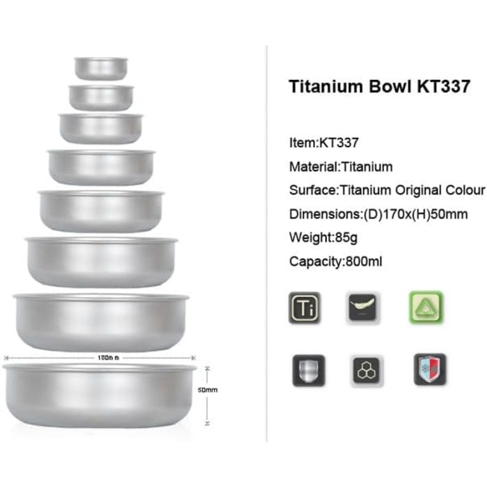 Титанові миски для кемпінгу Keith, 300 мл - 900 мл, для кемпінгу та активного відпочинку, 800 мл
