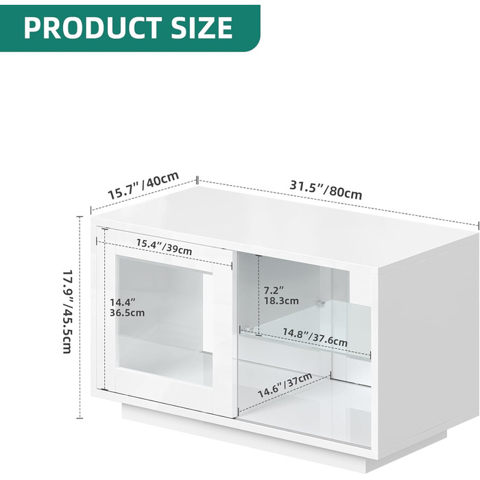Білий журнальний столик YITAHOME, глянцевий стіл для вітальні з сучасним світлодіодним освітленням, білий бічний столик з відкритою регульованою полицею для демонстрації, 80x40x45 см