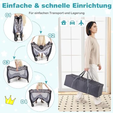 Складане дорожнє ліжечко 102 x 72 см, дитяче ліжечко з матрацом, колесами, москітною сіткою та пеленальний килимок, дитяче ліжечко 3 в 1 для новонароджених та дітей 0-36 місяців (сіре)