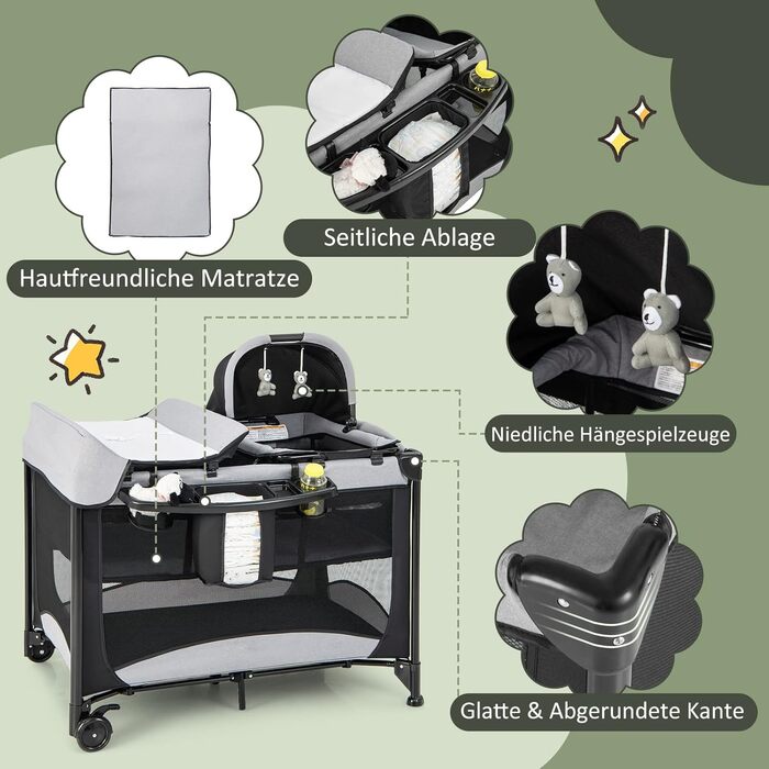 Дорожнє ліжечко для немовлят з матрацом, ліжечко Side-by-Side з колискою та пеленальний килимок, комплект дитячого ліжка для новонароджених та немовлят до 36 місяців, 110 x 78 см