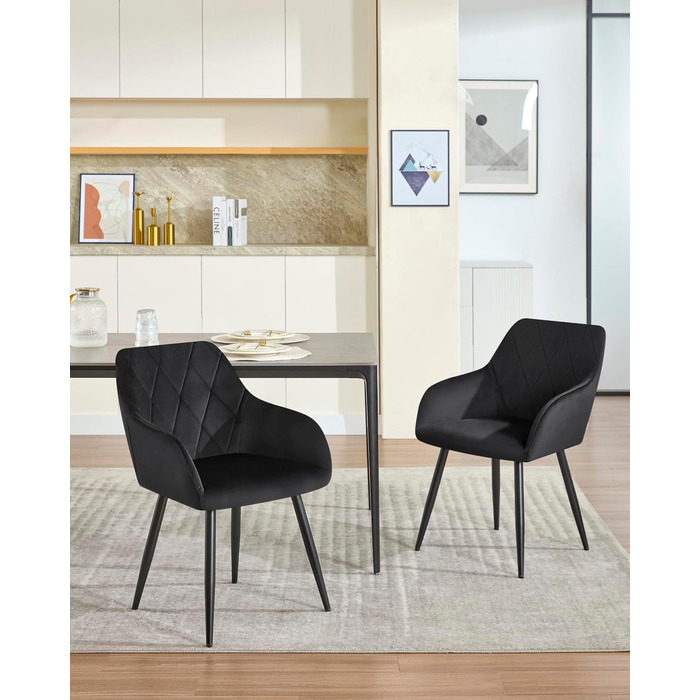 Комплект із 2 обідніх стільців з підлокітниками та спинками, для їдальні, вітальні, кухні, м&39які кухонні стільці з оксамитовим покриттям, металеві ніжки, чорний, комплект із 2 шт.