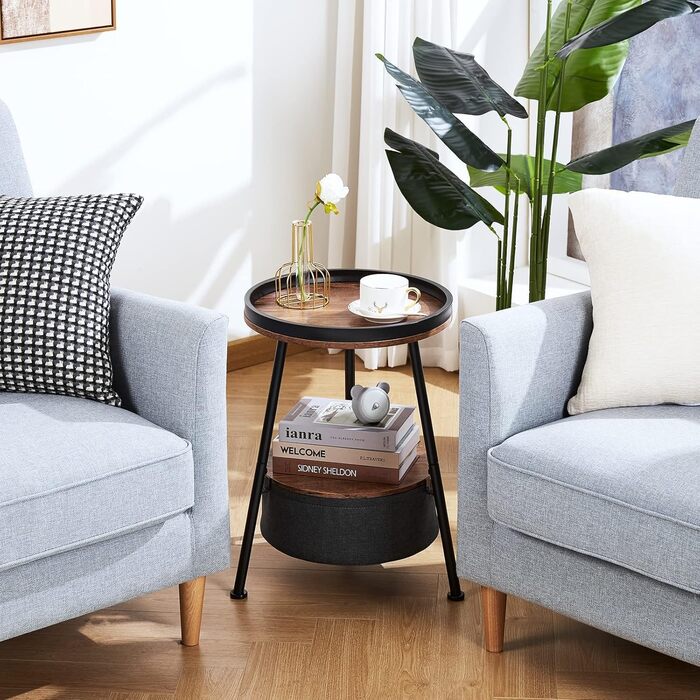 Невеликий круглий журнальний столик із сумкою для зберігання, двоярусний журнальний столик із кошиком для зберігання, кругла тумбочка для використання в приміщенні/на вулиці (коричневий чорний)