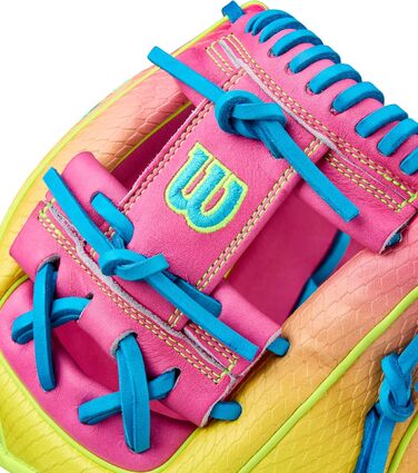 Бейсбольні рукавички Wilson Autumn 2025 A2000 сині/оптично-жовті/рожеві для внутрішнього поля - 11,5 футів для кидка правою рукою