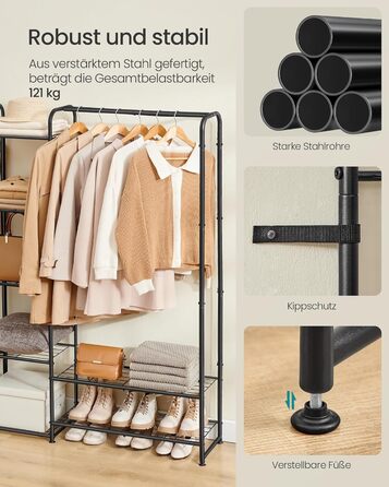 Вішалка для одягу, Відкрита шафа, Вішалка для одягу, Вішалка для пальто з полицями, Металева шафа, Окремостояча, 29 x 183 x 158,4 см, Матовий чорний LGR463B01 183B см Матовий чорний