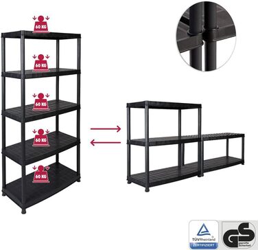 Пластиковий стелаж Kreher 2 x XL для міцності - 85x40,5x185 см - 5 полиць, вантажопідйомність 300 кг - вставна система, роздільний (32 полиці), сертифікований TV, стійкий до іржі та атмосферних впливів - для підвалу, гаража, майстерні та саду