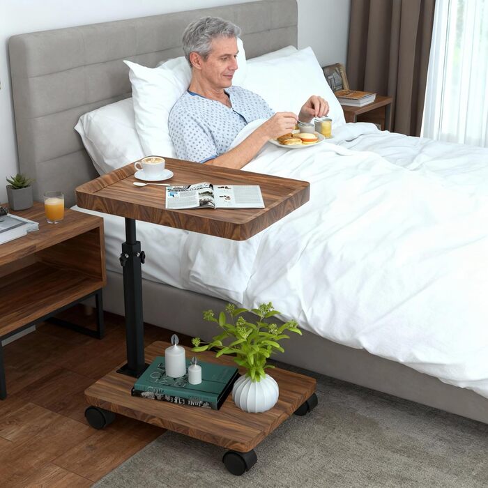 Журнальний столик з колесами Журнальний столик з регульованою висотою (45-80 см) Дерев&39яні жорстокі столики, С-подібної форми, обертаються на 360, з горіховим покриттям Невеликий журнальний столик для вітальні, дивана, кушетки (горіх)