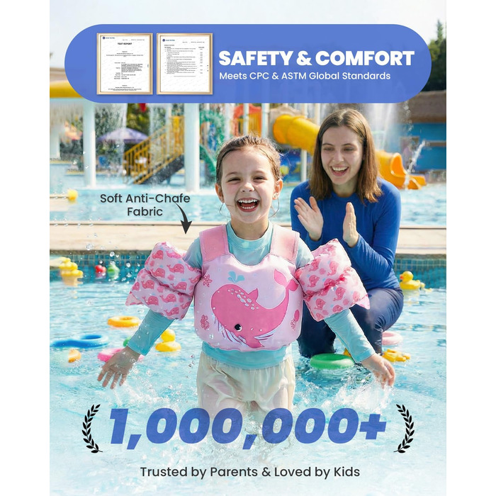 Дитячий плавальний жилет Gogokids з крильцями для плавання для дітей віком 15-30 кг, сертифікований засіб для плавання EN 13138-1 для дітей віком 2-6 років, плавальна локшина для малюків з крильцями для басейну, пляжу та плавання, світло-рожевий