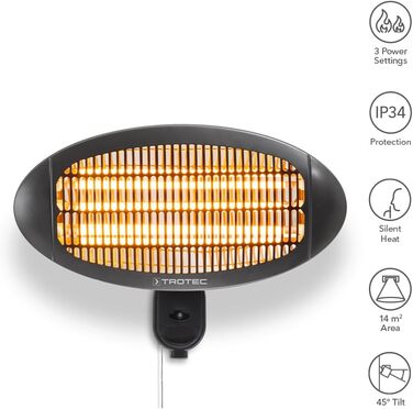 Інфрачервоний обігрівач для тераси TROTEC IR 2000 S Теплова потужність 650 Вт / 1300 Вт / 2000 Вт Окремостоячий, настінний, енергоефективний, IP34