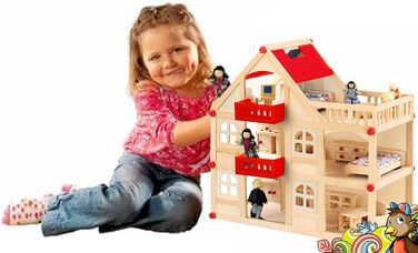 Дерев&39яний ляльковий будиночок для ляльок, кімната для ляльок з 3 поверхами, 4 ляльки та 15 предметами меблів, ручка для перенесення 555x26 см