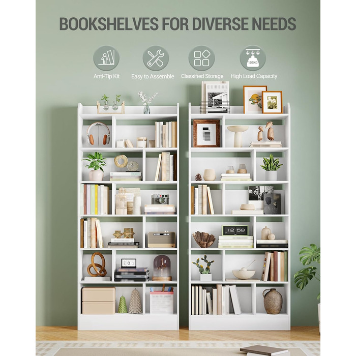 Книжкова полиця Hzuaneri, з 7 полицями, полиця для зберігання, окремостояча полиця, для вітальні, офісу, спальні, 24 x 80 x 199 см, білий BC32803 шт. Білий 24 x 80 x 199 см
