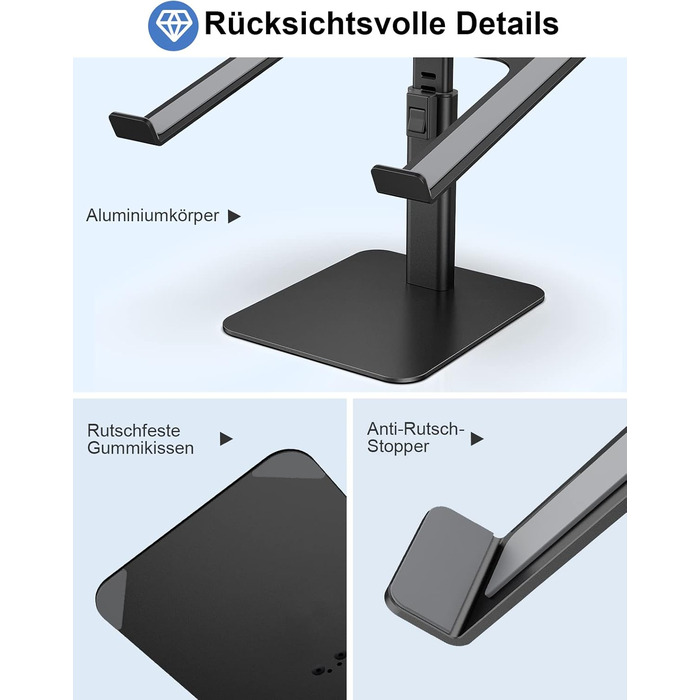Підставка для ноутбука Babacom, 8 рівнів регулювання, алюмінієва охолоджуюча панель, ергономічна вентильована конструкція, сумісна з MacBook, Air, Pro та всіма ноутбуками 10-16 дюймів - Чорна