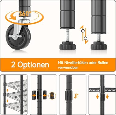 Рівнева дротяна полиця Himimi з колесами та ніжками, регульована по висоті, металева полиця для зберігання для кухні, ванної кімнати, спальні, вітальні, вантажопідйомність 500 кг, 90 * 45 * 183 см, чорна, 4-