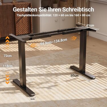 Рама столу Claiks з 2-моторним регулюванням висоти, електрична рама столу з USB-портом та кабельним лотком, рама столу з 4 налаштуваннями пам&39яті та 4 колесами, вантажопідйомність 100 кг, чорний колір