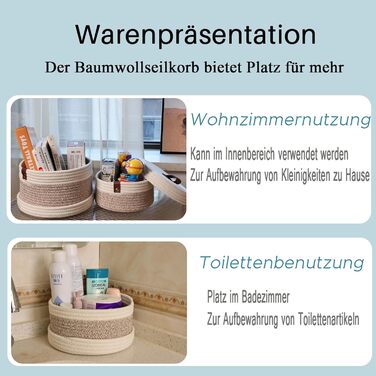 Кошик для косметики з 2 предметів з кришкою, коробка для зберігання, матеріал з натуральної бавовняної пряжі, декоративний кошик, який можна прати, ручка зі шкіряною етикеткою, набір кошиків для зберігання, білий коричневий